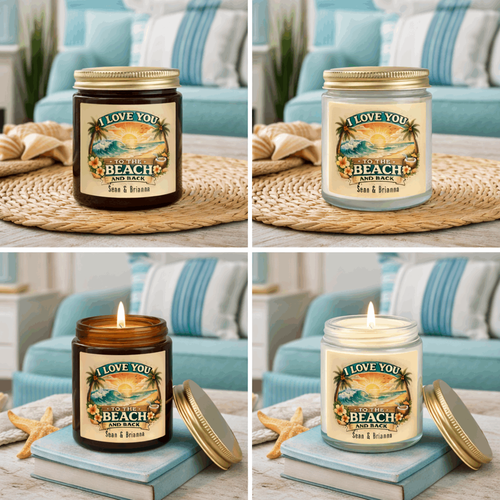 Collage of a candle labeled 'I Love You to the Beach' on a table with a coastal-themed label.