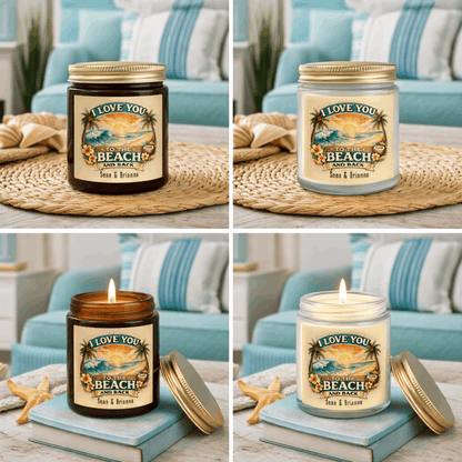 Collage of a candle labeled 'I Love You to the Beach' on a table with a coastal-themed label.