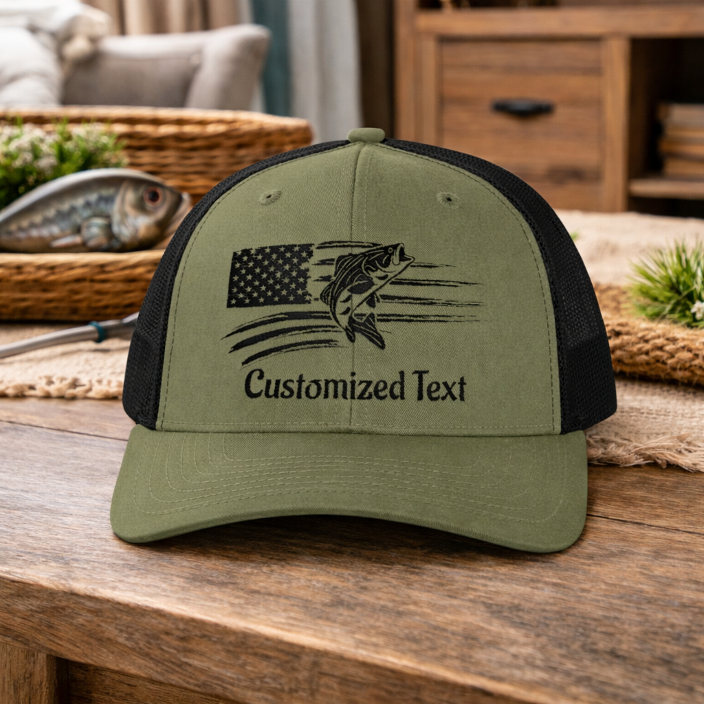 Green and black cap with embroidered fish over the US Flag design and 'Customized Text'.