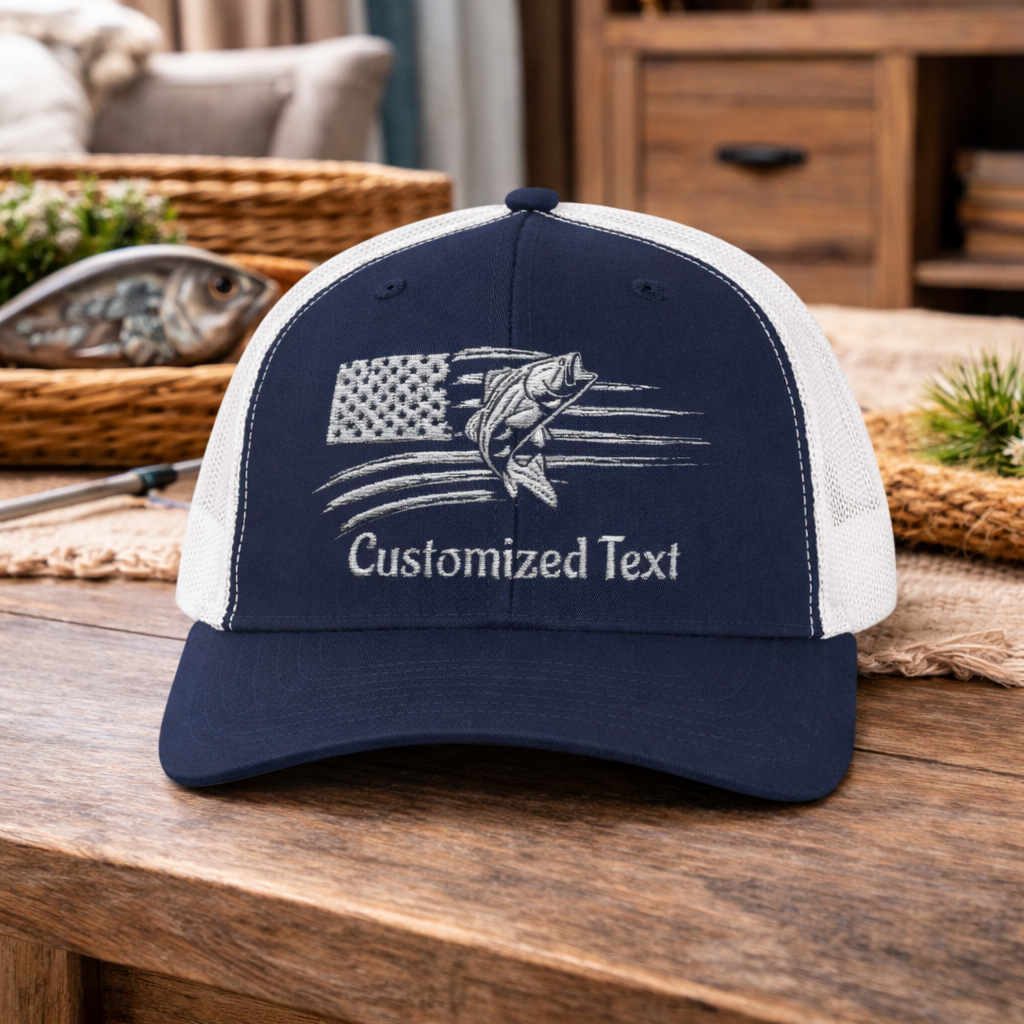 Navy and white cap with embroidered  fish over the US Flag design and 'Customized Text'.
