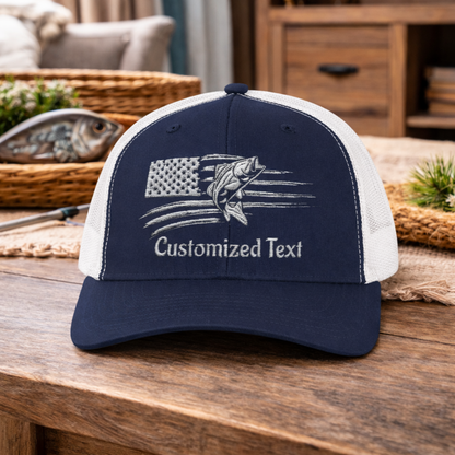 Navy and white cap with embroidered  fish over the US Flag design and 'Customized Text'.