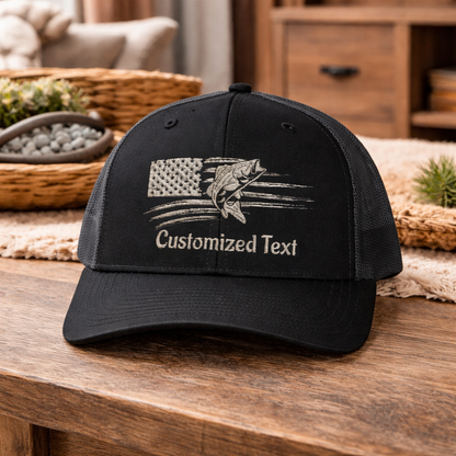 Black cap with and embroidered fish over the US Flag design and 'Customized Text'.