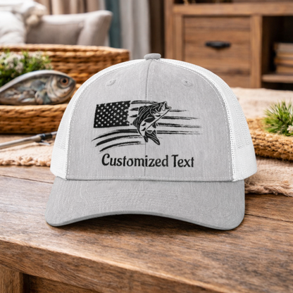 Gray cap with embroidered fish over the US Flag design and 'Customized Text'