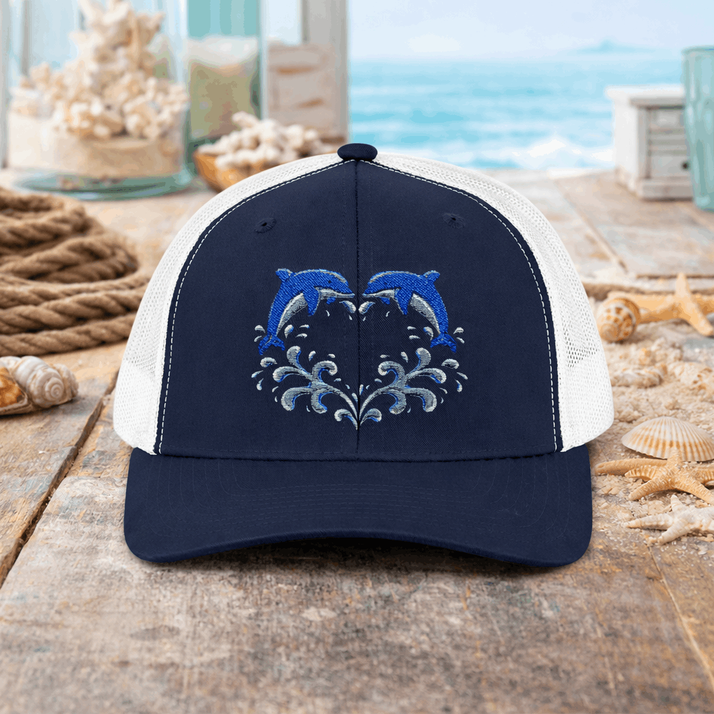 Navy and white cap with two dolphins forming a heart embroidery design on a wooden surface with beach decor.