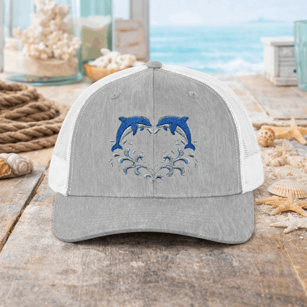 Gray and white cap with two dolphins forming a heart embroidery design