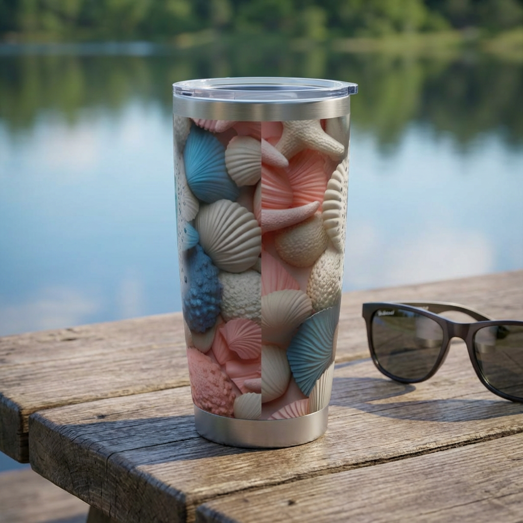 Tumbler with shell design on a wooden surface by a lake