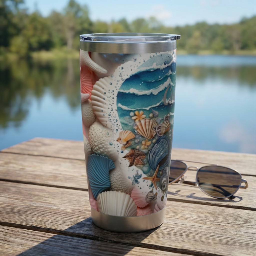 Tumbler with seashell design on a wooden dock by a lake
