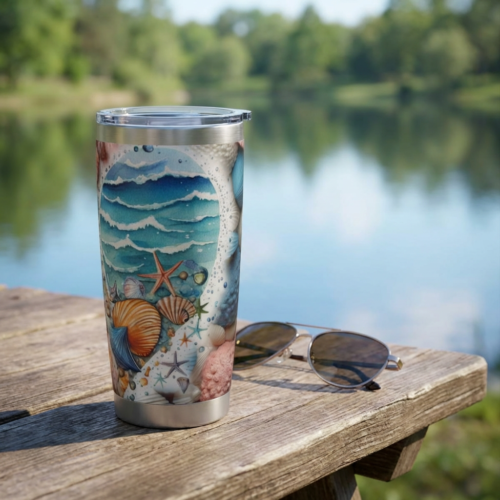 Tumbler with beach-themed design on a wooden table by a lake