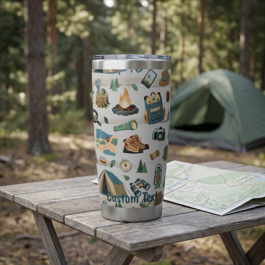 Tumbler with camping-themed design on a wooden table in a forest setting with a tent in the background.