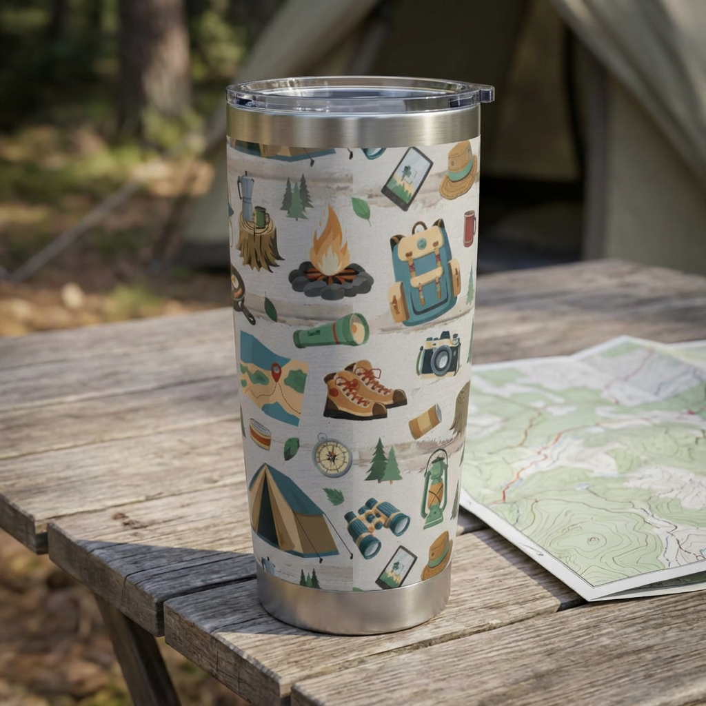 Tumbler with camping-themed design on a wooden table outdoors