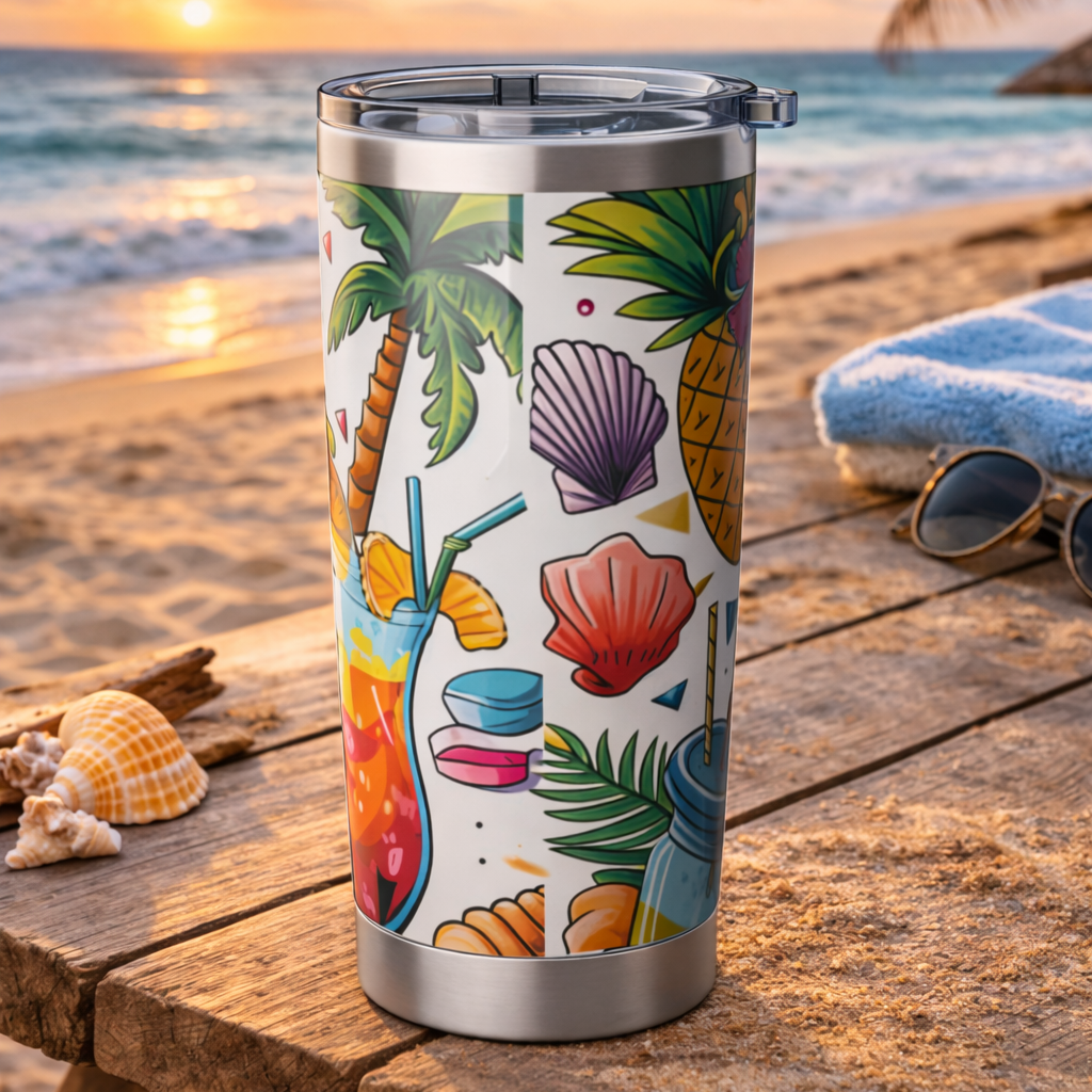 Tumbler with tropical design on a wooden table by the beach at sunset