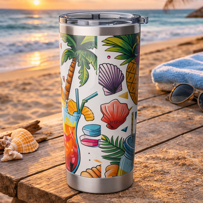 Tumbler with tropical design on a wooden table by the beach at sunset