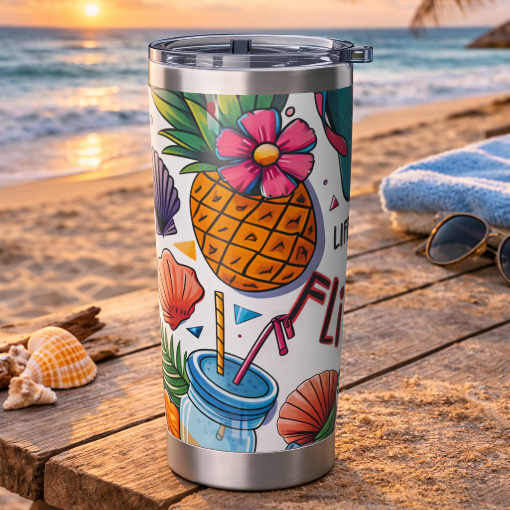 Tumbler with tropical design on a wooden table by the beach at sunset