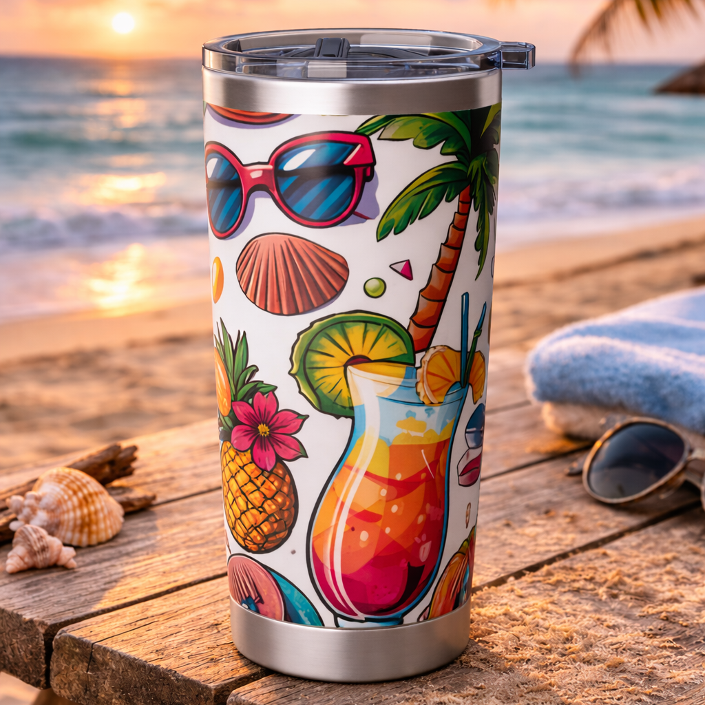 Tumbler with tropical design on a wooden table by the beach at sunset