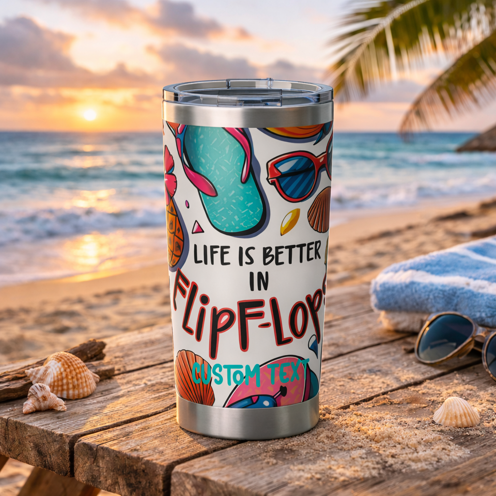 Tumbler with 'Life is better in flip-flops' design on a beach setting