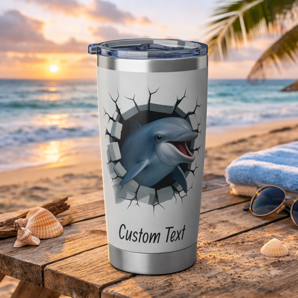 Tumbler with a dolphin design on a beach at sunset