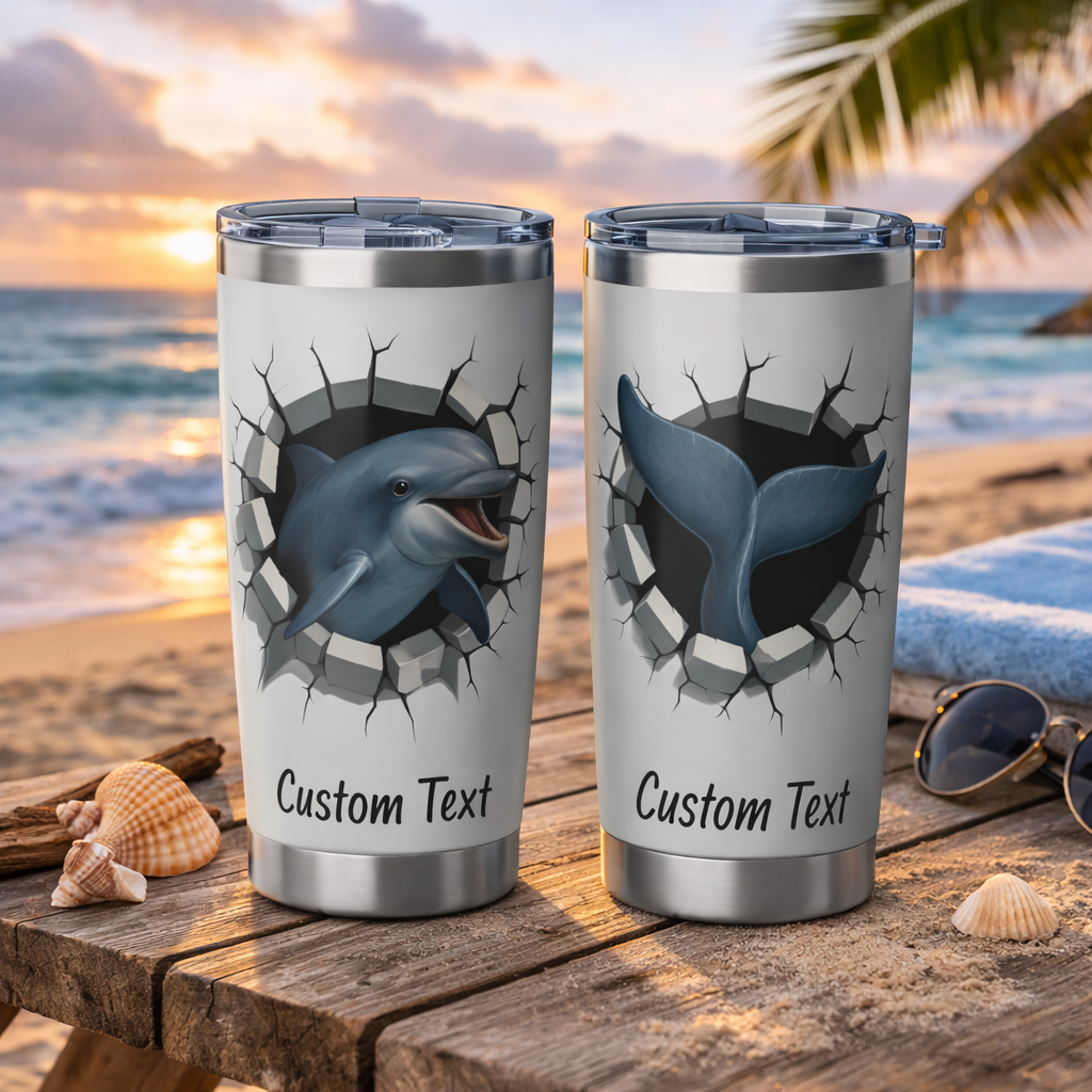 Two silver tumblers with a dolphin design on a wooden surface by the beach.