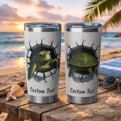 Two tumblers with a turtle design on a beach setting