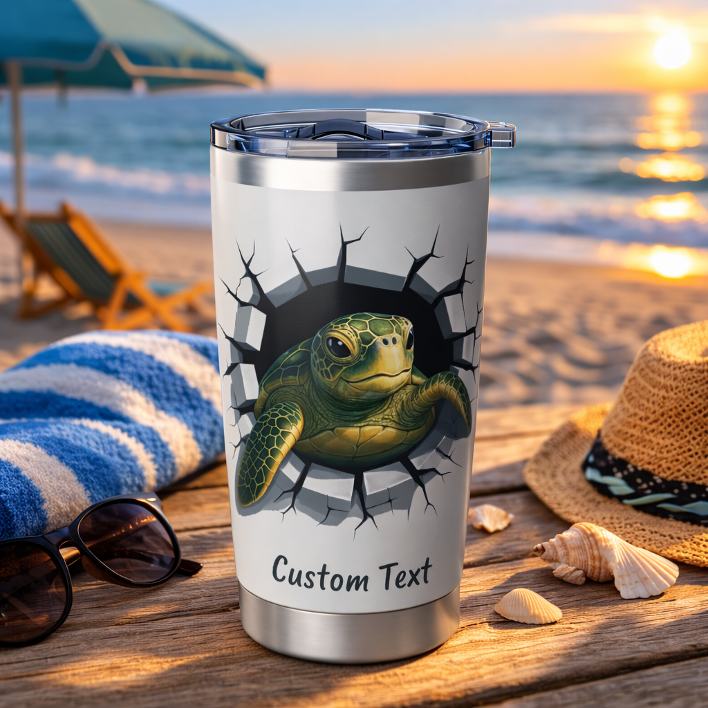 Stainless steel tumbler with a turtle design on a beach setting