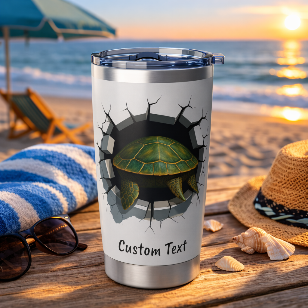 Silver tumbler with turtle design on a beach setting