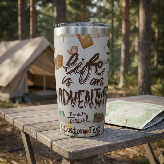 Tumbler with 'Life is an Adventure' text on a wooden table outdoors with a tent and map in the background.