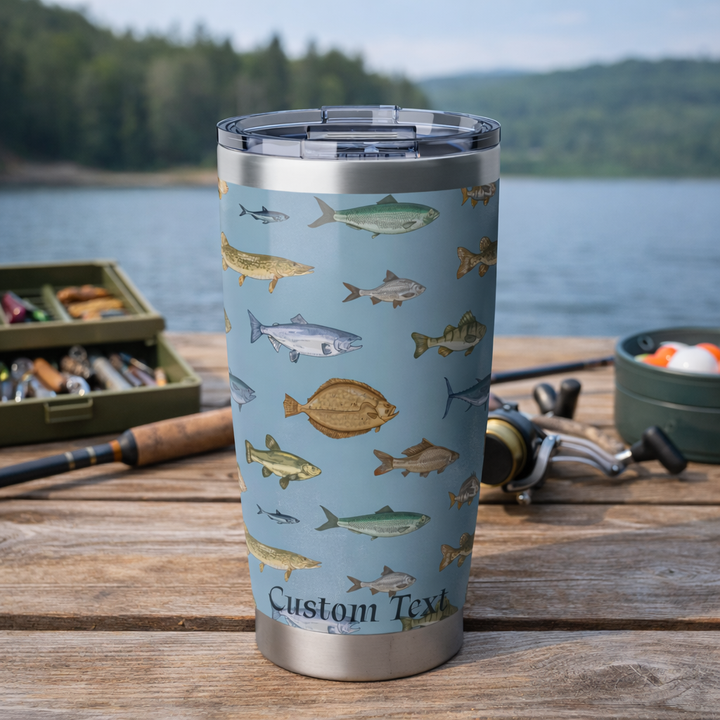 Stainless steel tumbler with fish design that can be personalized.