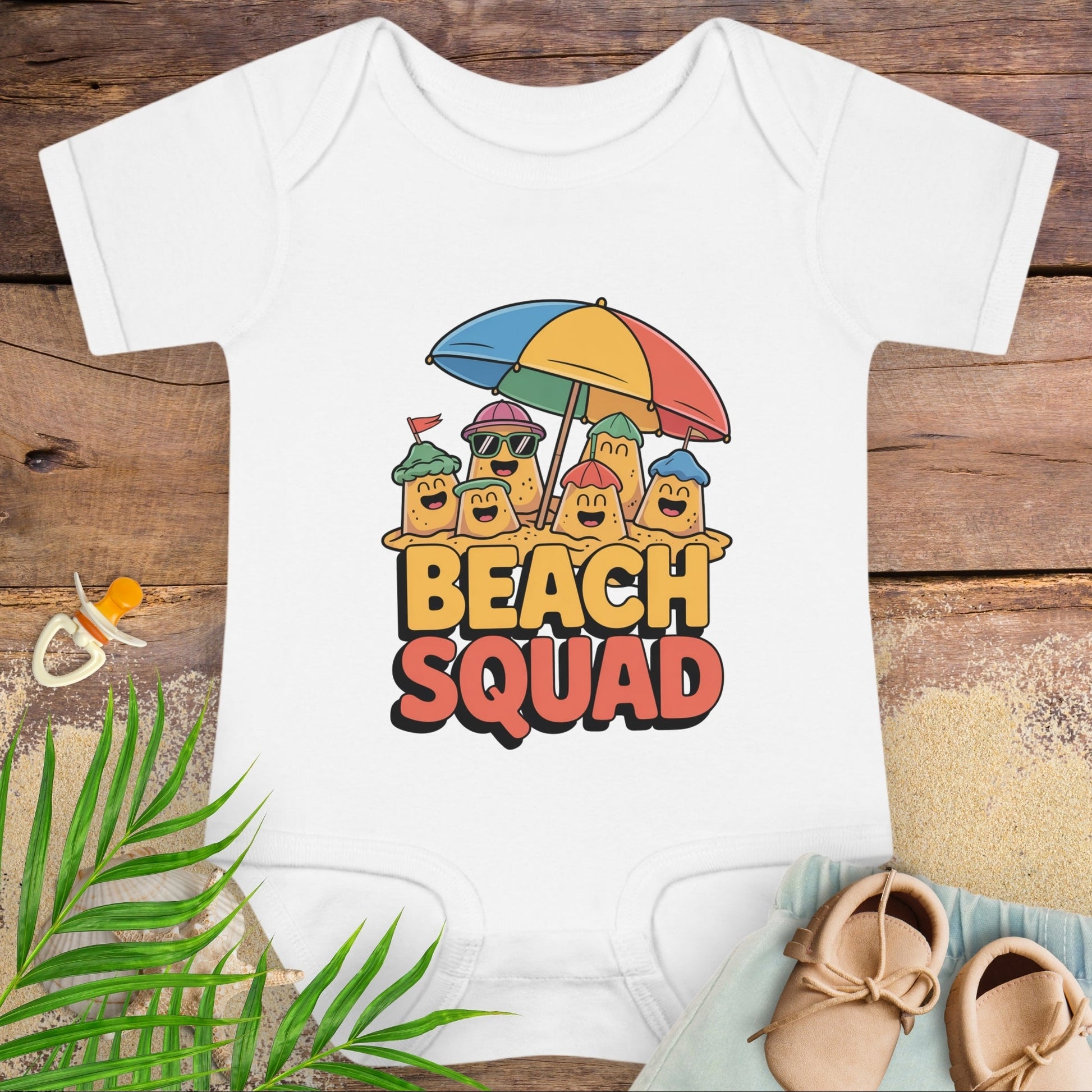 White baby onesie with 'Beach Squad' design on a wooden surface with baby items.