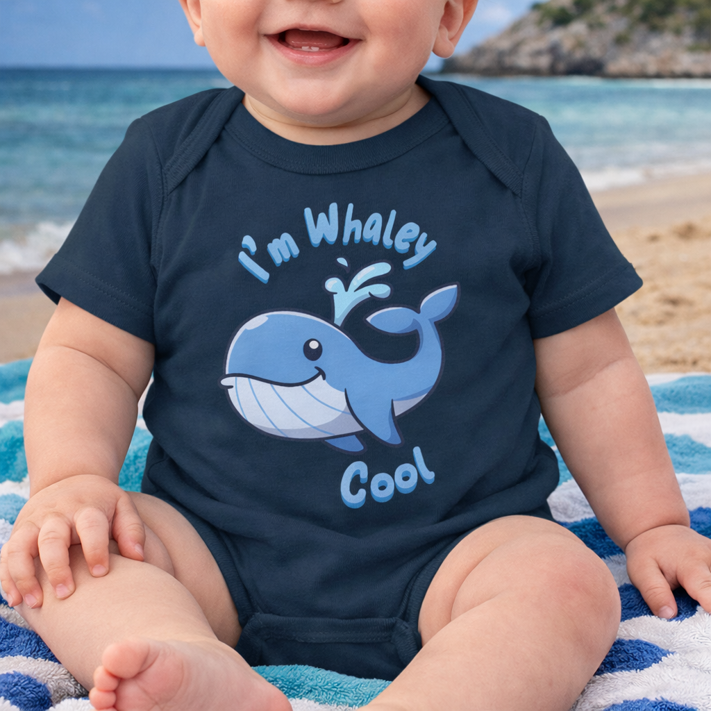 Baby wearing a navy blue onesie with a whale design and text, sitting on a beach.