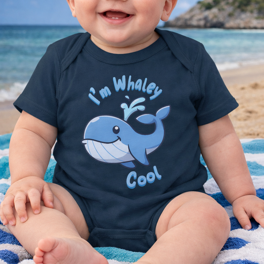 Baby wearing a navy blue onesie with a whale design and text, sitting on a beach.