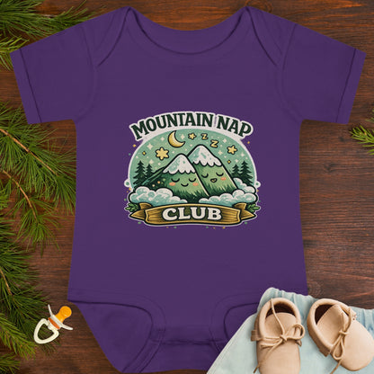 Purple baby onesie with 'Mountain Nap Club' design with cartoon mountains.
