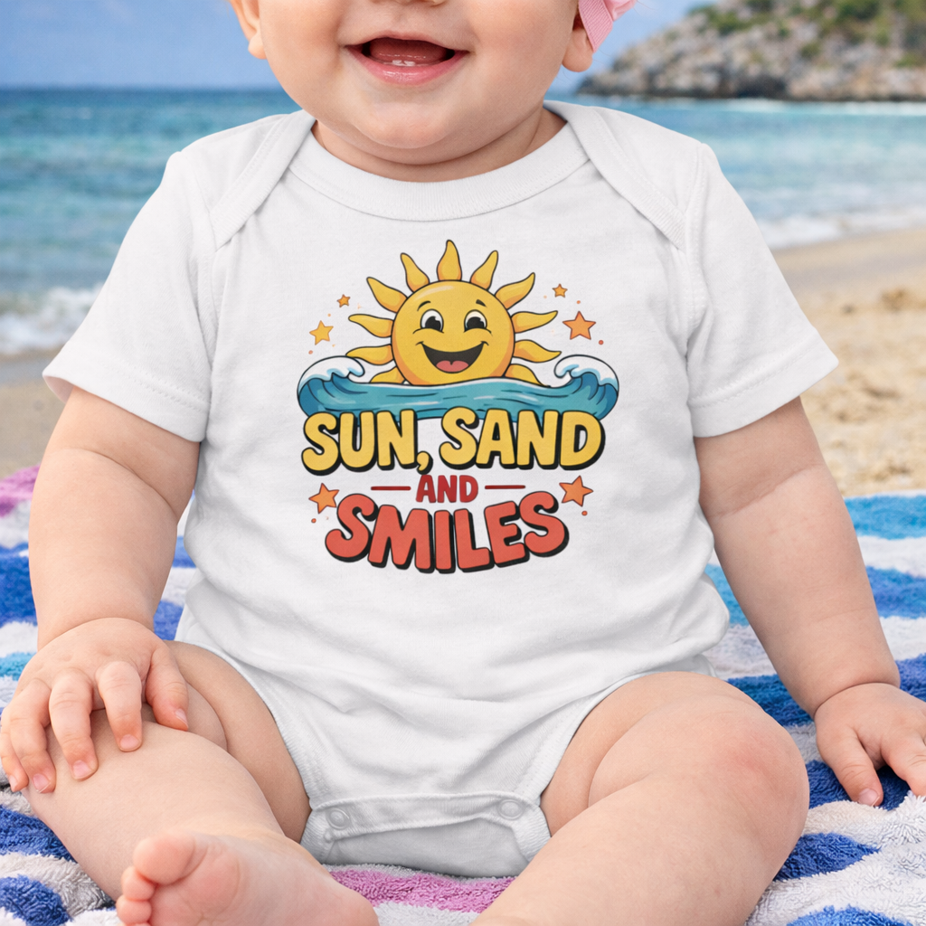 Baby wearing a onesie with 'Sun, Sand and Smiles' design on a beach.