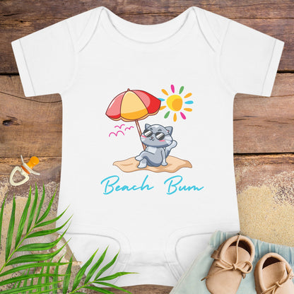 White t-shirt with a beach bum cartoon cat on a beach.