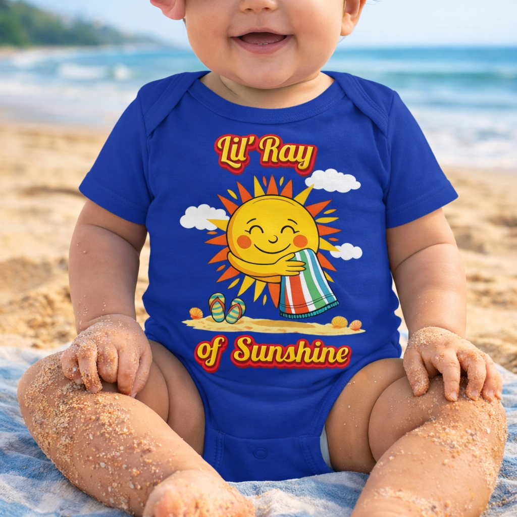 Baby wearing a blue onesie with smiling sun beach graphic and text “Lil’ Ray of Sunshine.