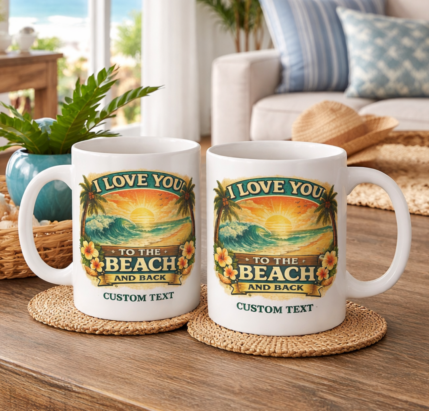 Two mugs with beach-themed design on a wooden table.