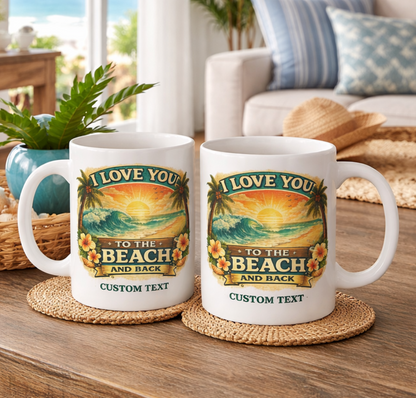 Two mugs with beach-themed design on a wooden table.