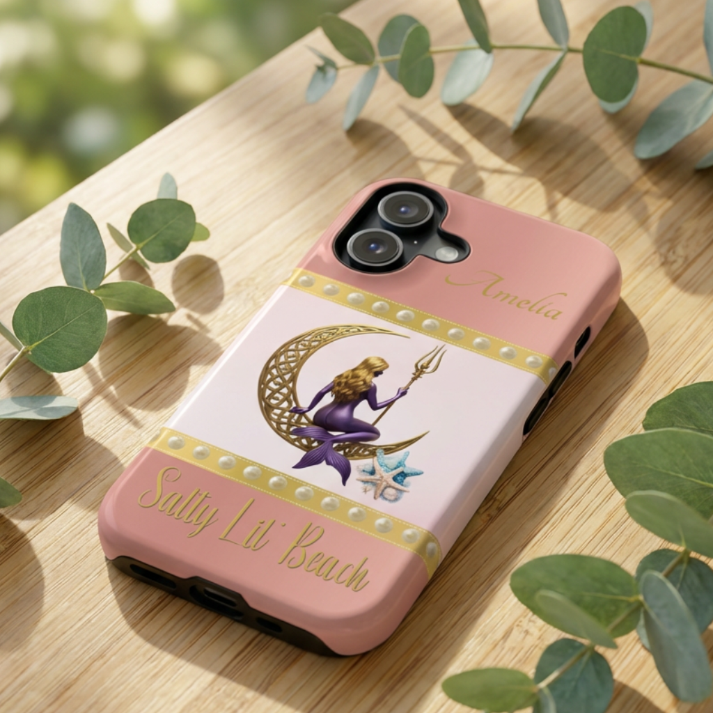Phone case with a design of a mermaid and crescent moon on a pink background, placed on a wooden surface.