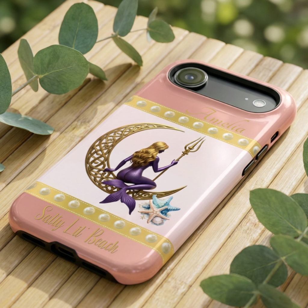 Phone case with a design of a mermaid and crescent moon on a pink background, placed on a wooden surface.