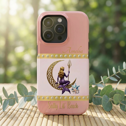 Phone case with mermaid design on a pink background, featuring the brand 'Sally Lil Beach'.
