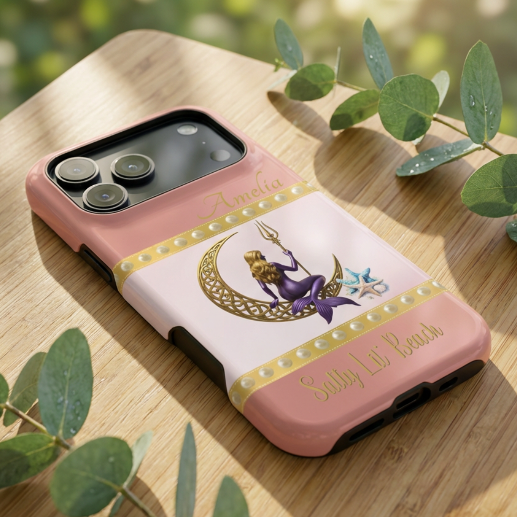 Phone case with a design of a mermaid and crescent moon on a pink background, placed on a wooden surface.