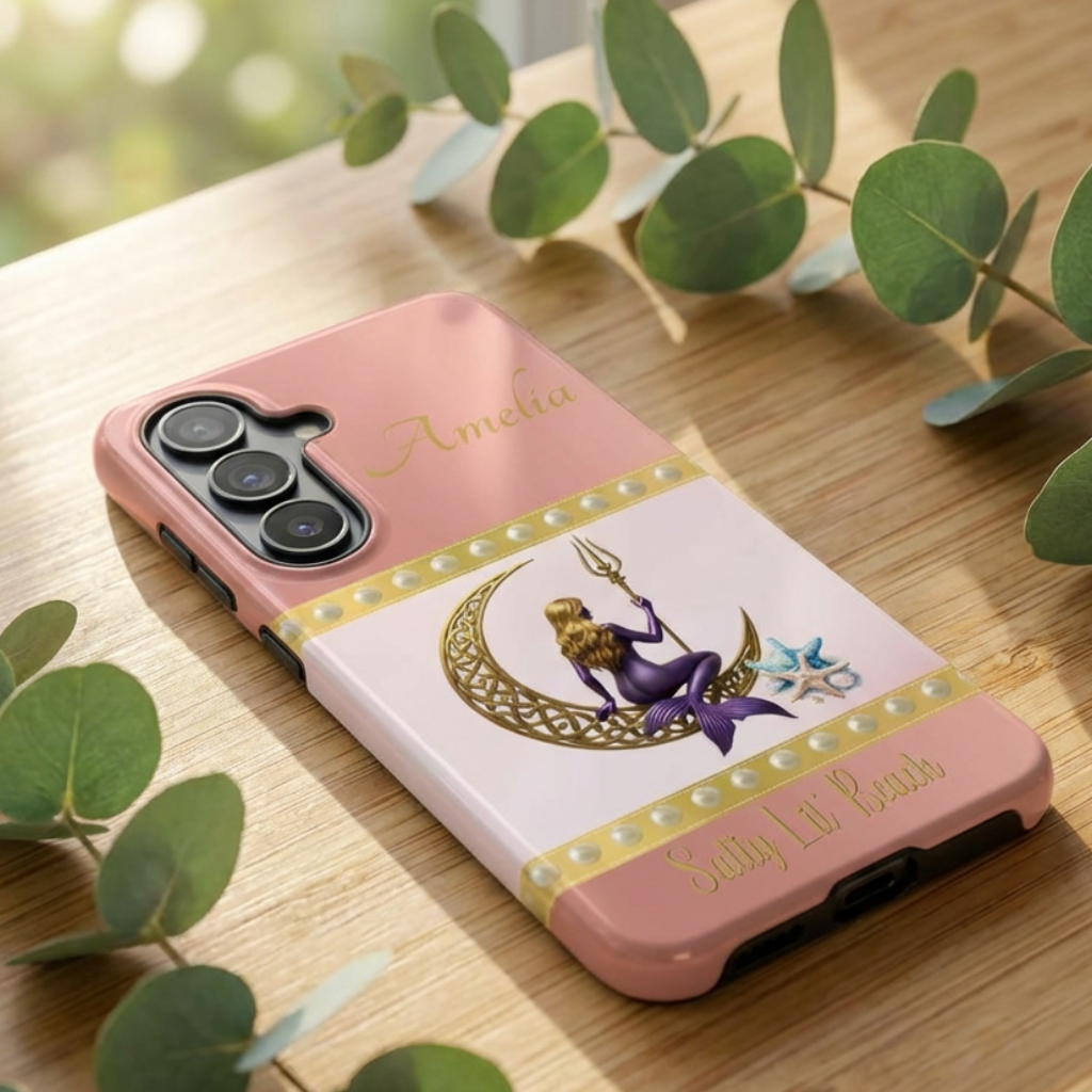 Phone case with a design of a mermaid and crescent moon on a pink background, placed on a wooden surface.