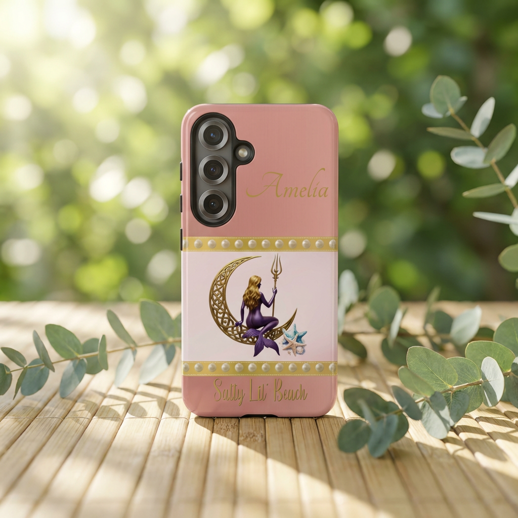 Phone case with a design of a woman on a crescent moon, surrounded by greenery.