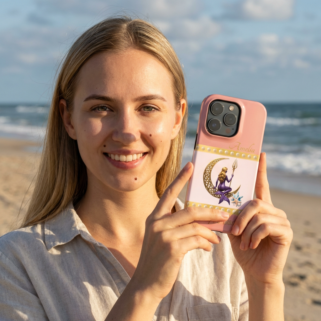 Woman holding a phone case with a design of a mermaid and crescent moon on a pink background,