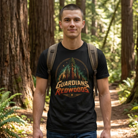 Man wearing a 'Guardians of the Redwoods' t-shirt in a forest setting