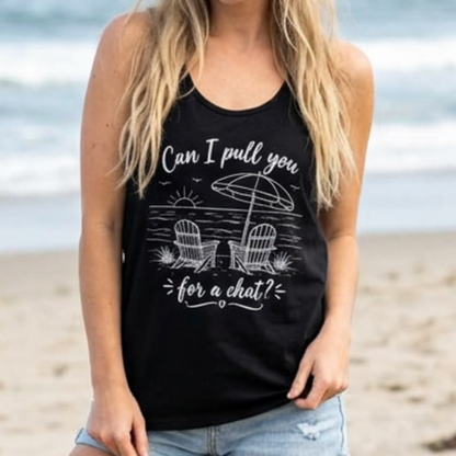 Woman standing on a beach wearing a black tank top with text "Can I pull you for a chat?" and graphics.