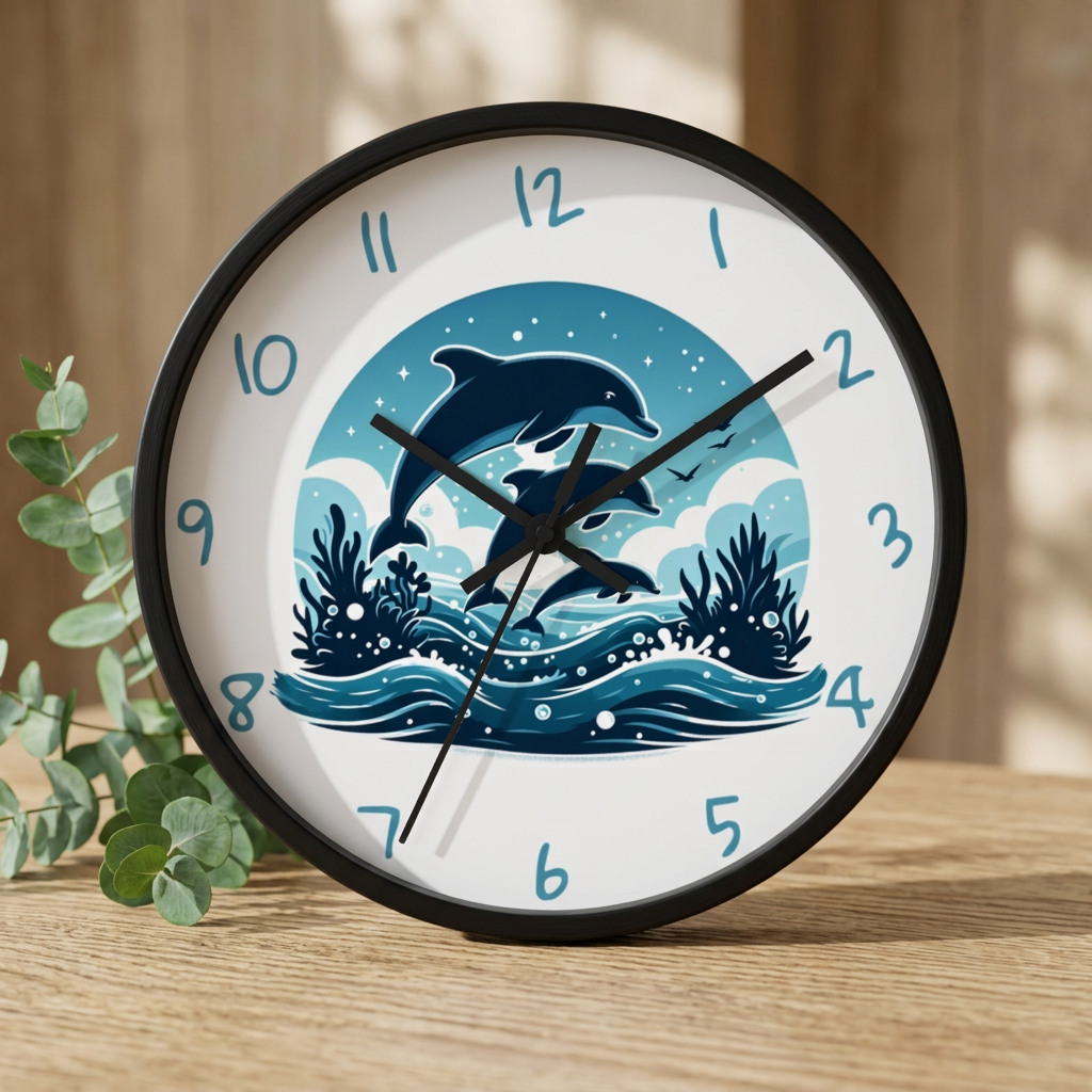 Round dolphin wall clock featuring three dolphins leaping above blue ocean waves with coastal number markers, available with a black frame and black hands.