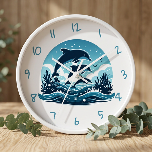 Round dolphin wall clock featuring three dolphins leaping above blue ocean waves with coastal number markers, with a white frame and white hands.