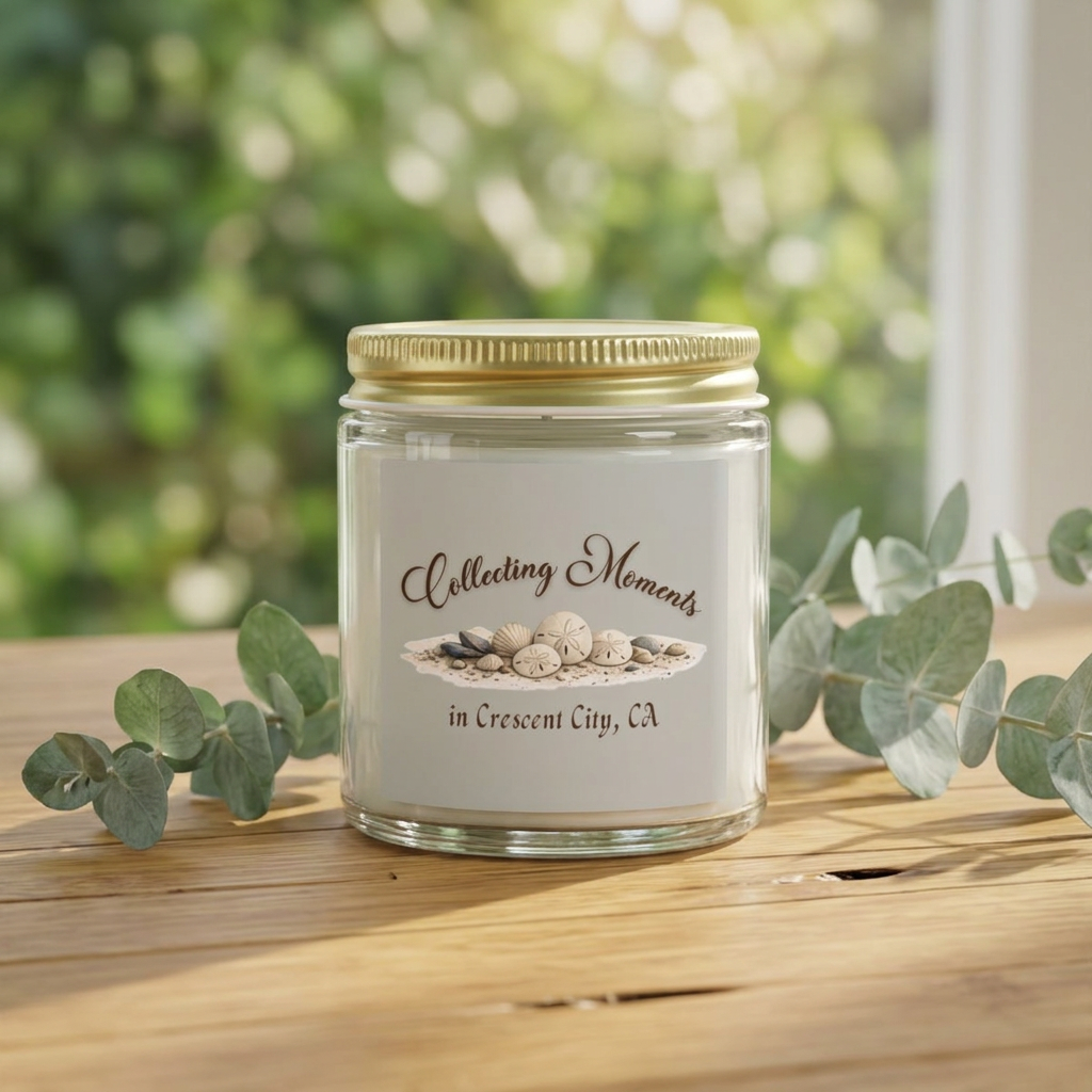 A glass jar candle with a gold metal lid sits on a wooden surface, surrounded by eucalyptus leaves. The candle has a sage green label that reads 'Collecting Moments in Crescent City, CA' with an illustration of seashells.