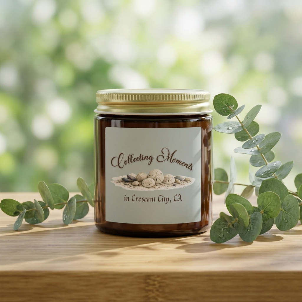 An amber glass jar candle with a gold metal lid sits on a wooden surface, surrounded by eucalyptus leaves. The candle has a sage green label that reads 'Collecting Moments in Crescent City, CA' with an illustration of seashells.