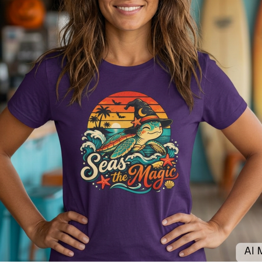 Woman wearing a purple unisex t-shirt with “Seas the Magic” text, a sea turtle wearing a witch hat, ocean waves, sunset, palm trees, bats, and starfish.