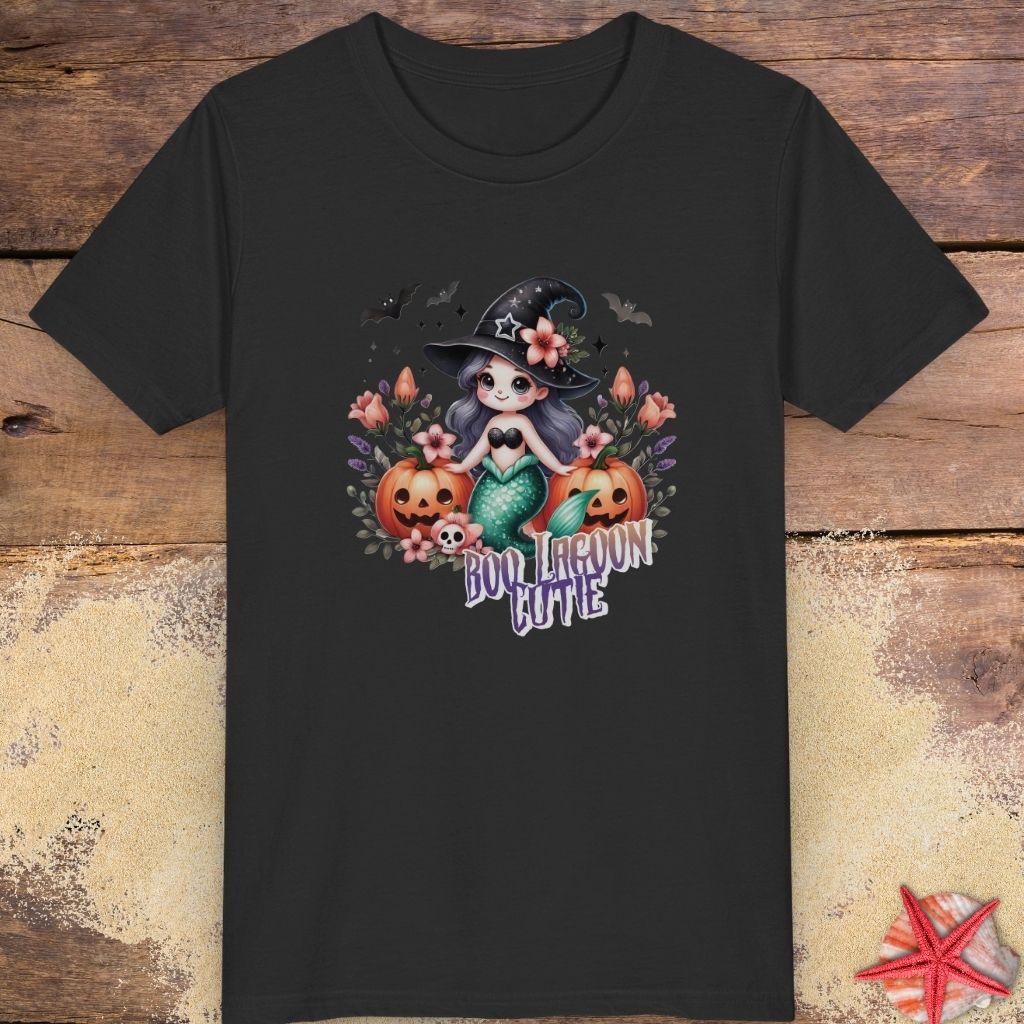 Black kids t-shirt with “Boo Lagoon Cutie” text, a cute witchy mermaid, pumpkins, bats, and flowers.